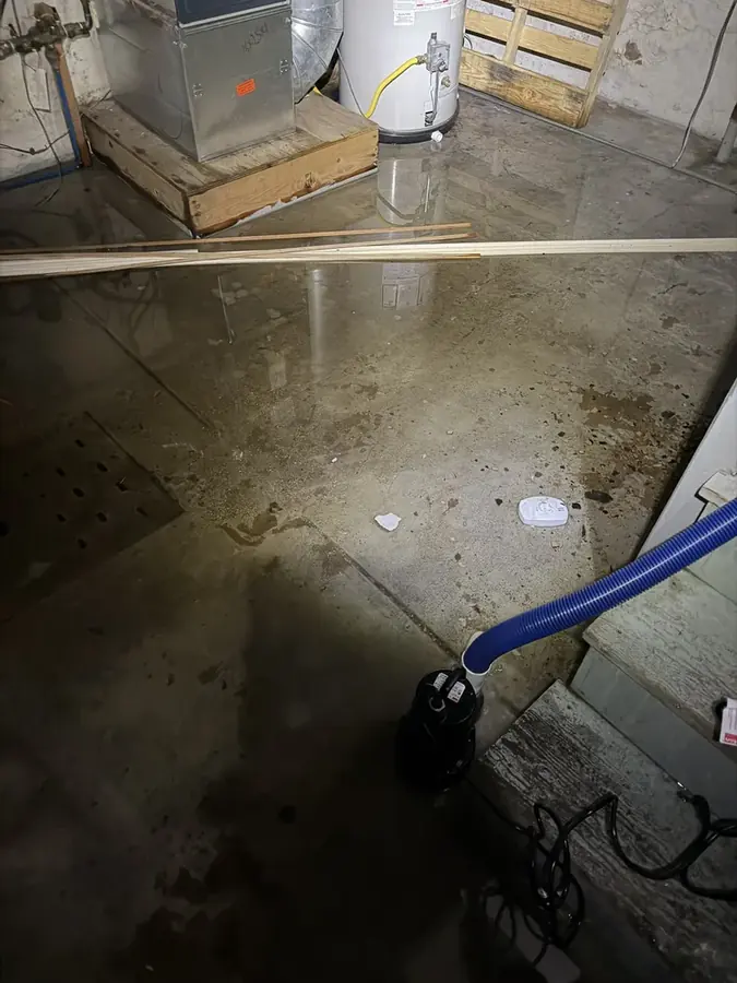 Extraction pump clearing water from a Circle Pines basement