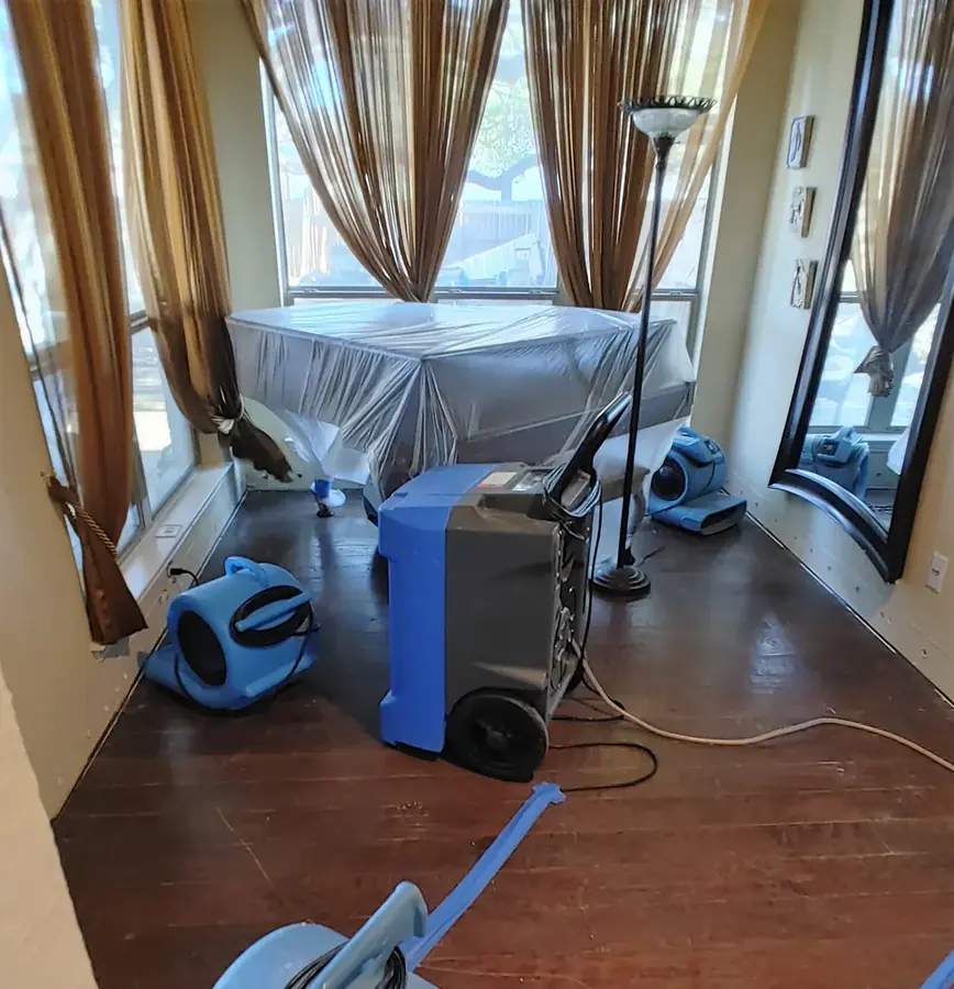 Covered furniture and drying gear in a Circle Pines living room