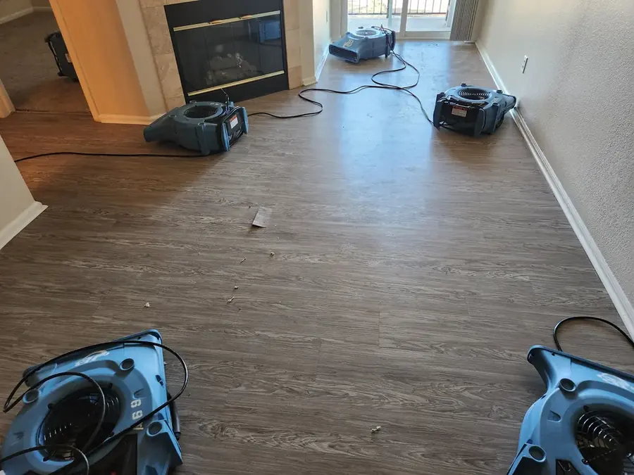 Air movers and a dehumidifier drying a water damaged Circle Pines basement